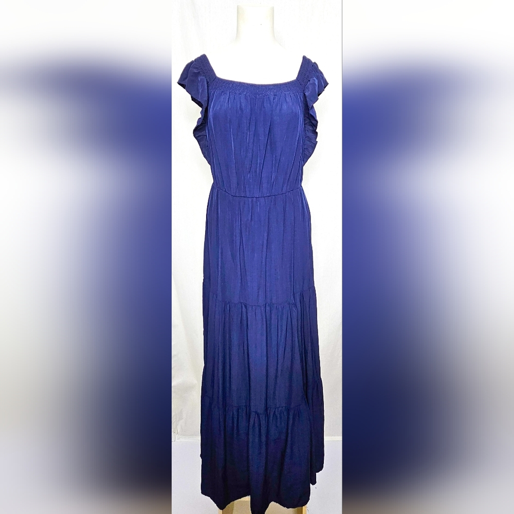 PRETTY GARDEN Navy Blue Wedding Guest Formal Flutter Sleeves Tiered Dress SizeL
